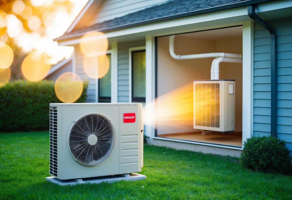 An outdoor unit draws in air while a compressor and heat exchanger inside a home transfer warmth, illustrating the process of an air source heat pump