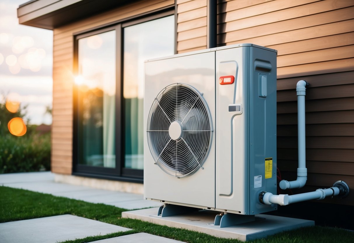 An outdoor air source heat pump unit installed outside a modern home, with pipes connecting to the interior heating system