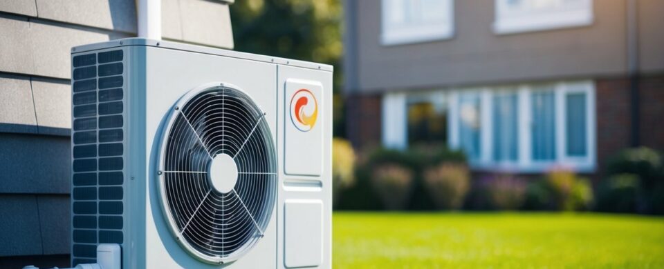 An air source heat pump sits outside a home, connected to the building via pipes. It pulls in air and converts it into heat, providing an efficient and eco-friendly heating solution