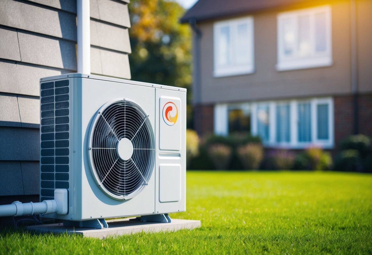 An air source heat pump sits outside a home, connected to the building via pipes. It pulls in air and converts it into heat, providing an efficient and eco-friendly heating solution