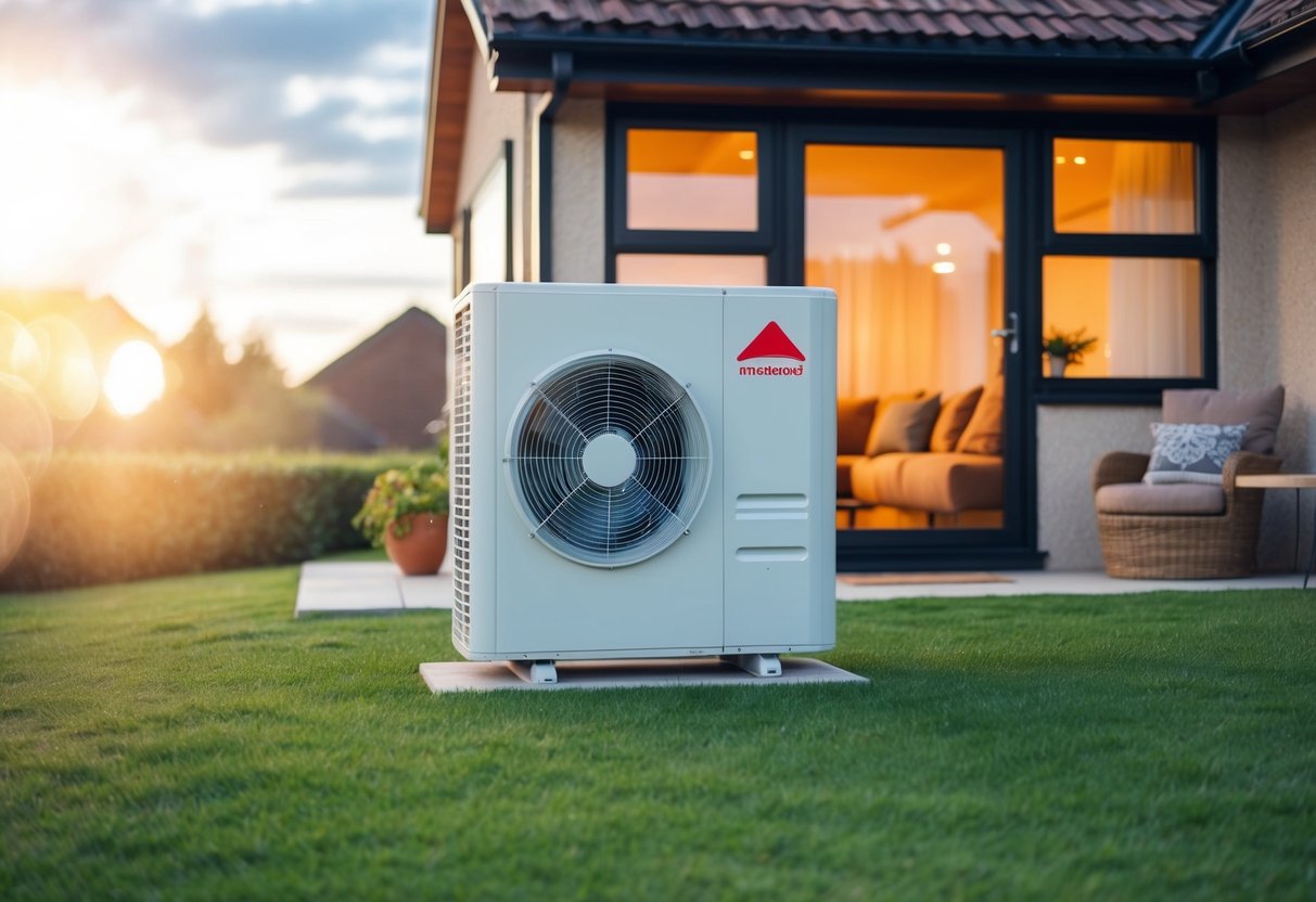 An air source heat pump sits outside a cozy home, absorbing warmth from the air and transferring it inside, providing efficient and sustainable heating