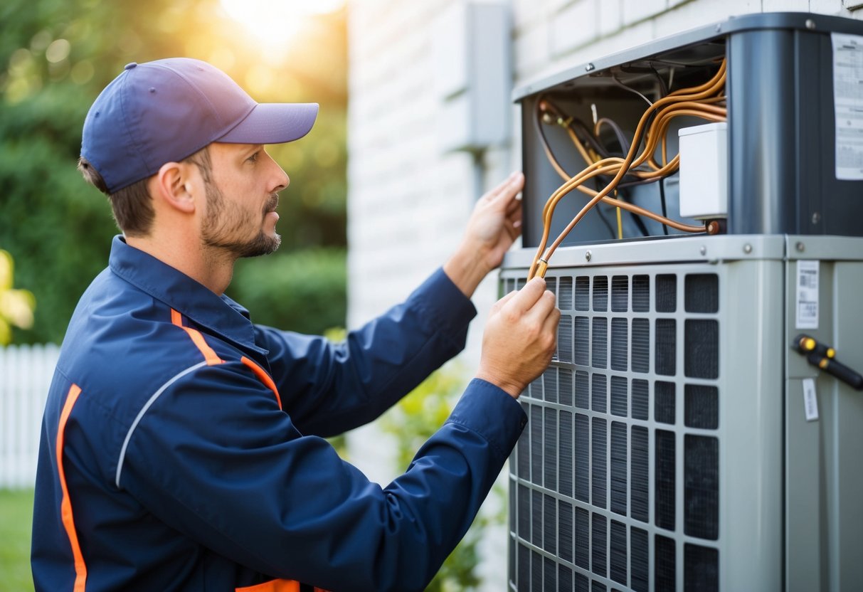 A technician inspecting an air conditioning unit, checking filters, coils, and thermostat for maintenance before summer