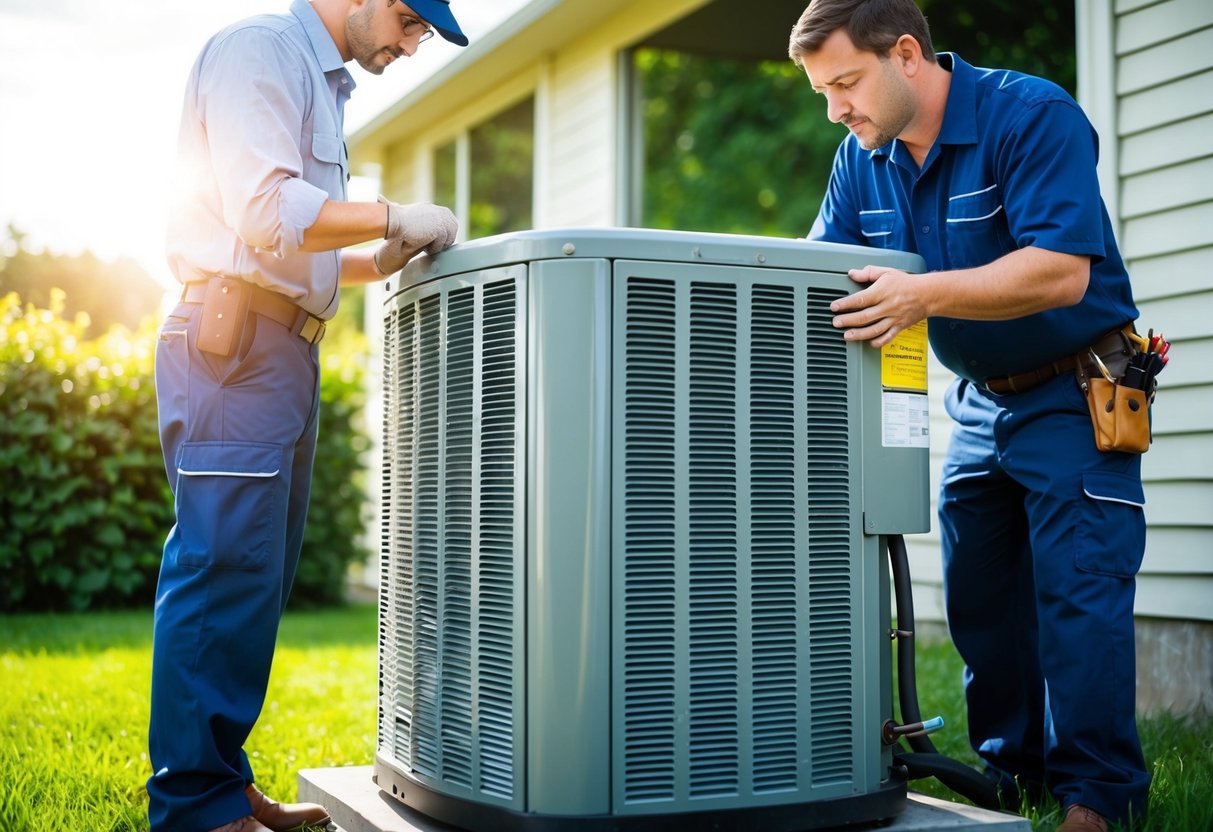 A technician inspecting an outdoor air conditioning unit, checking for signs of wear and tear. The sun is shining, and the surrounding area is filled with greenery