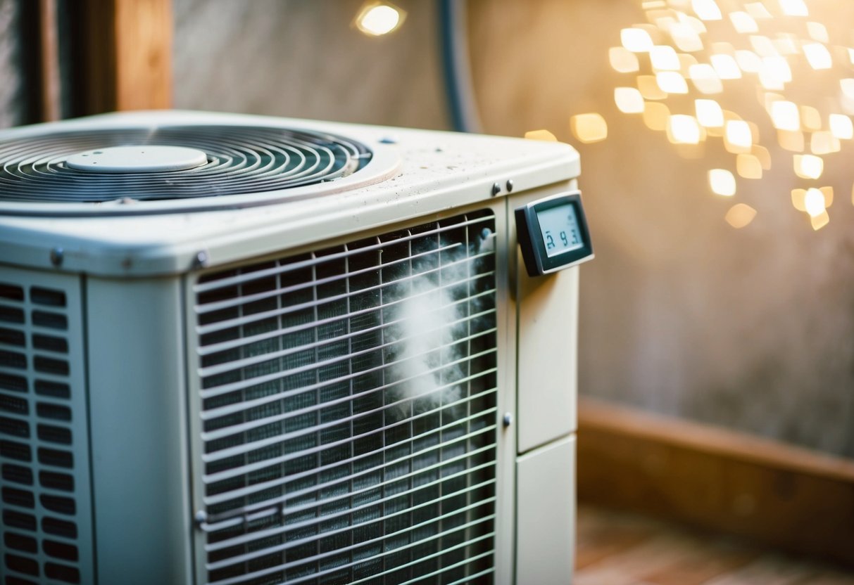 A dusty air conditioning unit with a clogged filter and a thermostat displaying fluctuating temperatures