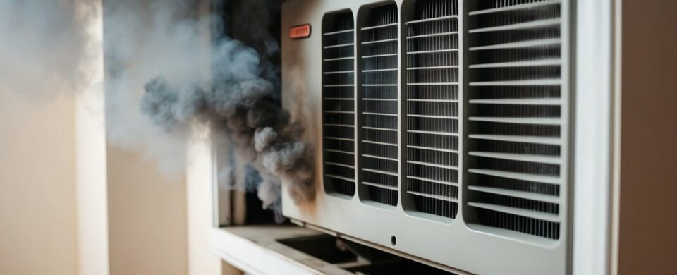The A/C unit emits loud, clanking noises and a pungent, burning smell. Smoke rises from the vents as the system struggles to cool the room