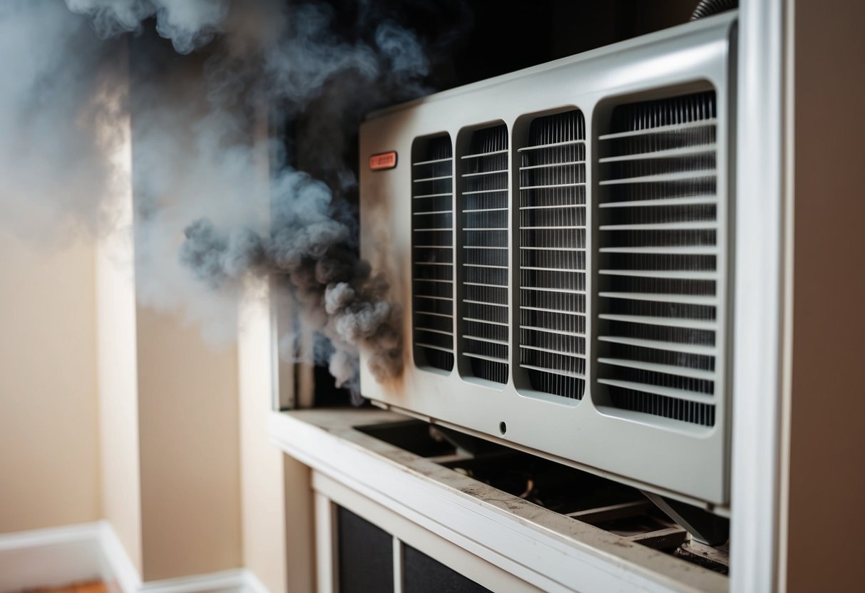 The A/C unit emits loud, clanking noises and a pungent, burning smell. Smoke rises from the vents as the system struggles to cool the room