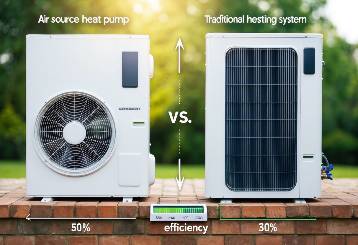 An air source heat pump and a traditional heating system side by side, with arrows pointing to each one and a scale indicating efficiency