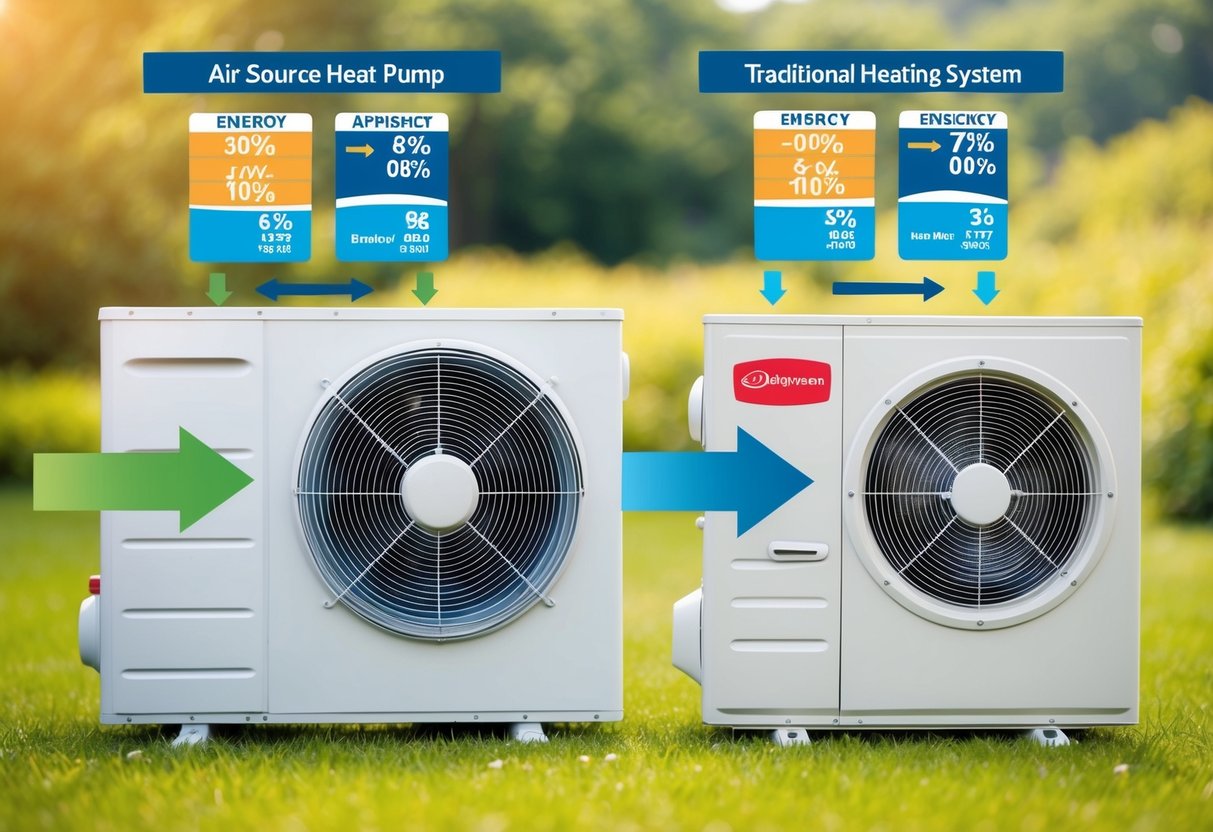 An air source heat pump and a traditional heating system side by side, with arrows indicating the flow of energy and efficiency ratings displayed above each system