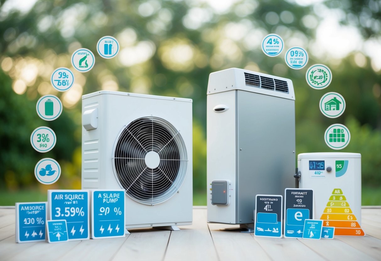 A modern air source heat pump and a traditional heating system side by side, surrounded by a variety of energy efficiency rating symbols