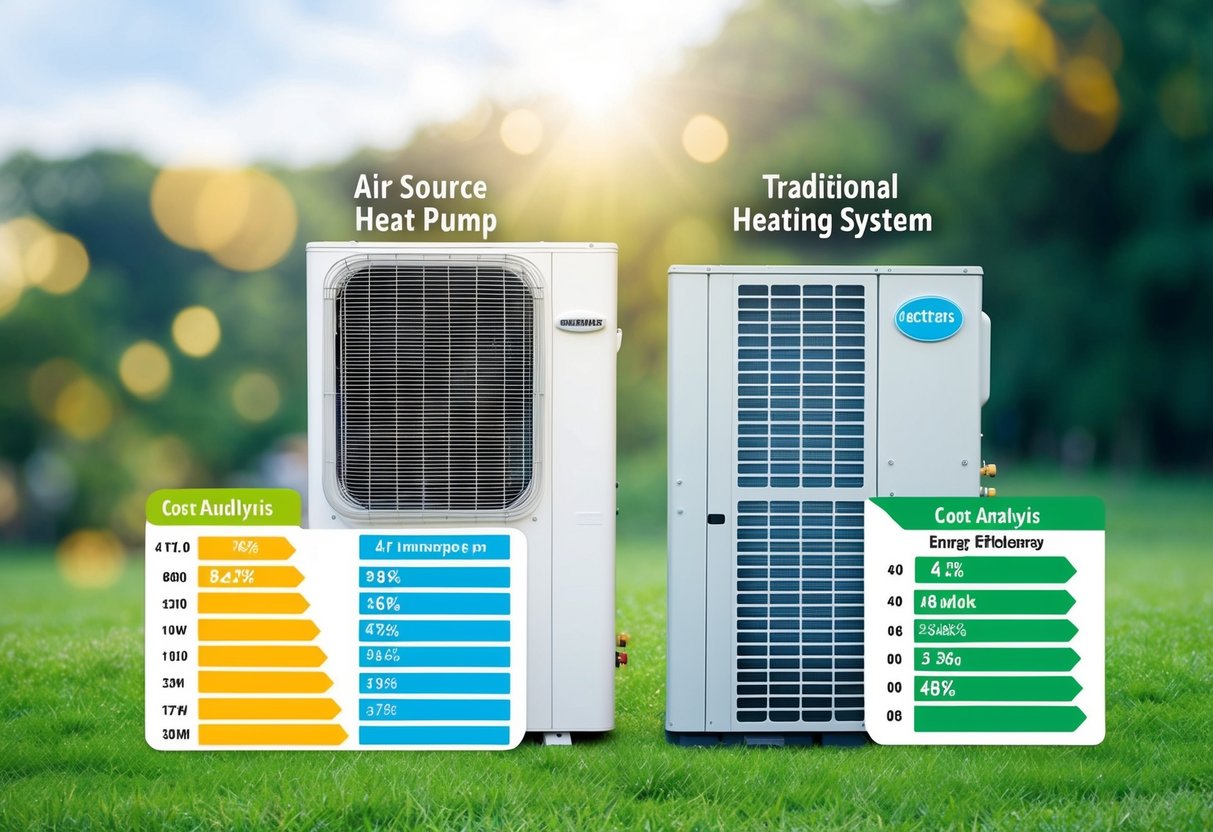 An air source heat pump and traditional heating system side by side, with labeled cost analysis charts and energy efficiency ratings displayed