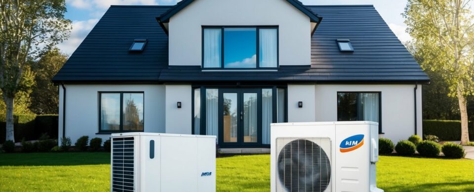 A modern house with an air source heat pump and traditional heating system side by side, surrounded by trees and clear blue skies