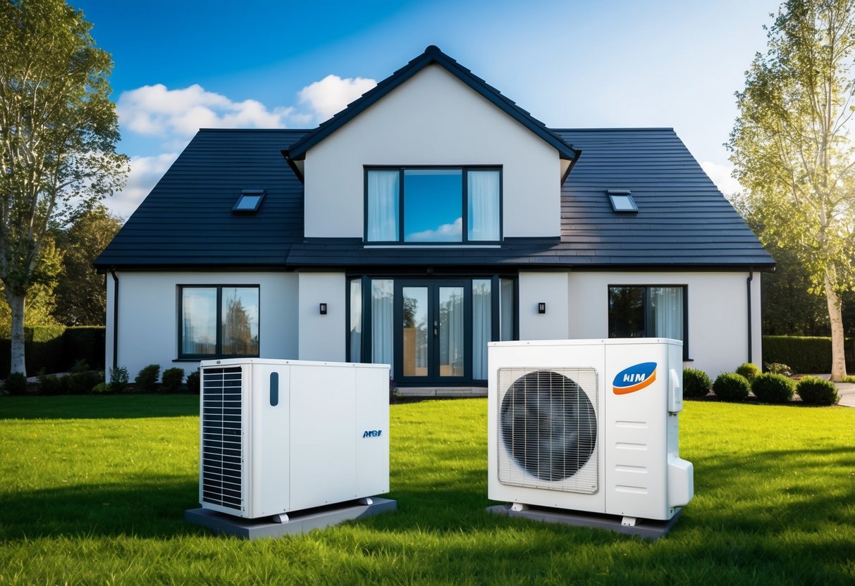 A modern house with an air source heat pump and traditional heating system side by side, surrounded by trees and clear blue skies