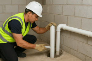 Technician setting up sub-slab radon vent pipe