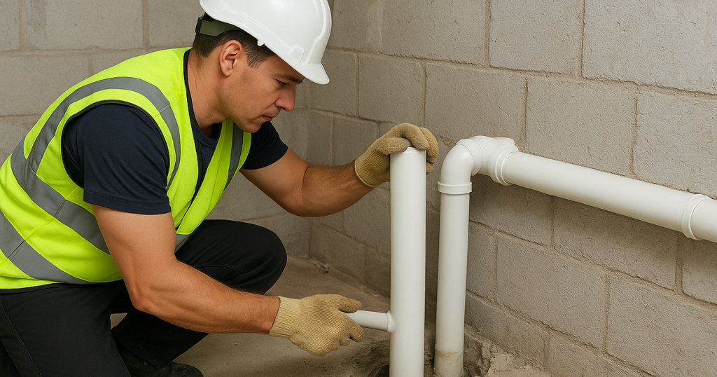 Technician setting up sub-slab radon vent pipe