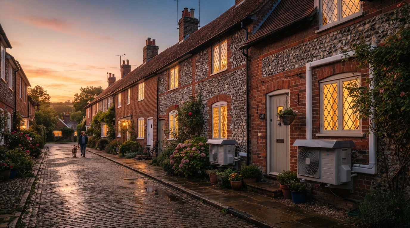row of terraced housed with air source heat pumps on the wall