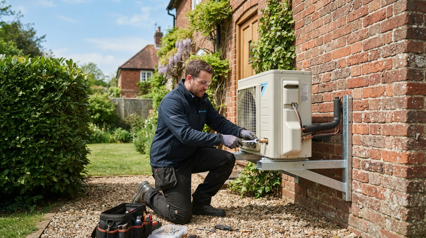 engineer adjusting an air source heat pump