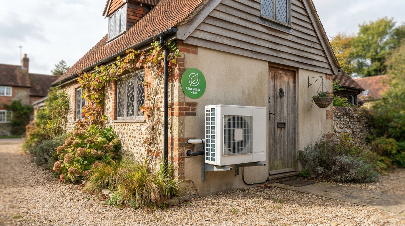 Air source heat pump on the exterior wall of a cottage