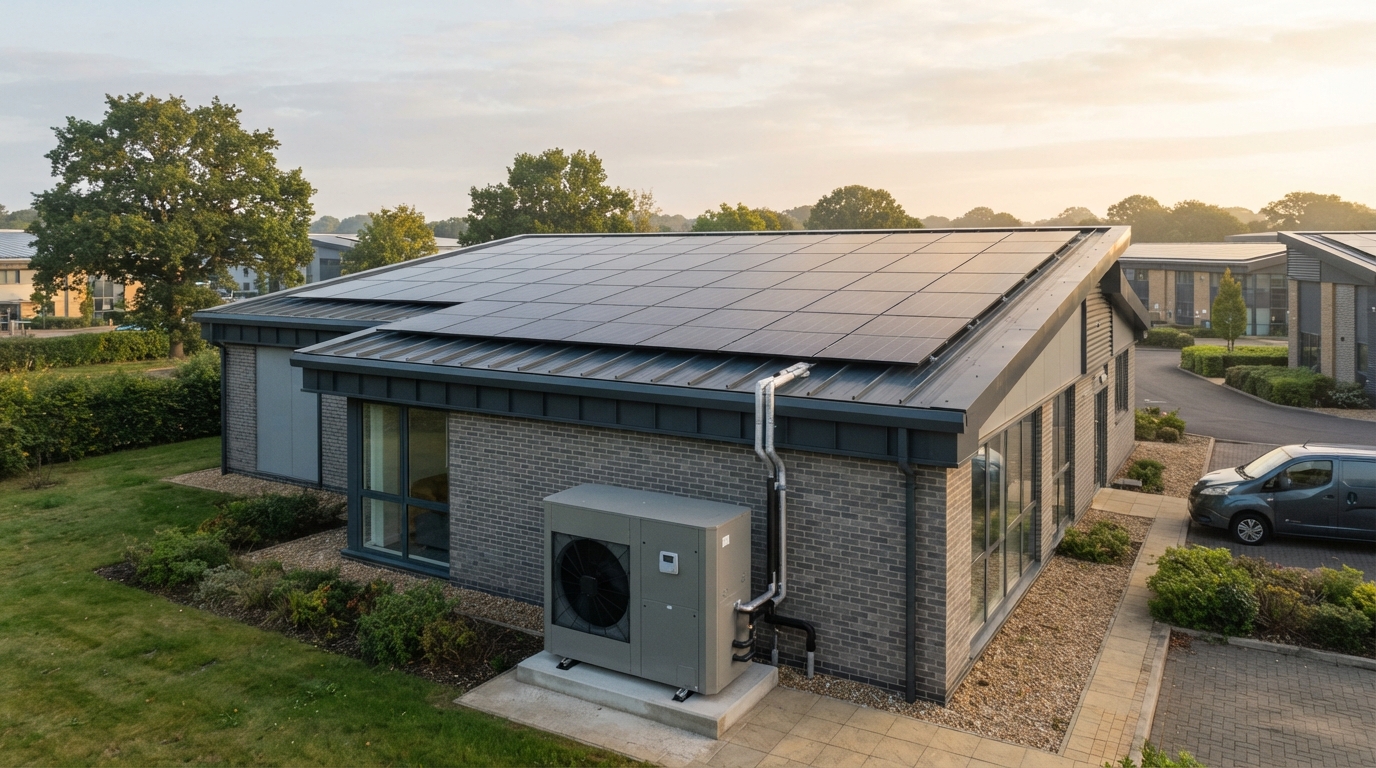 Small building with solar panels on the roof and heat pump on the ground