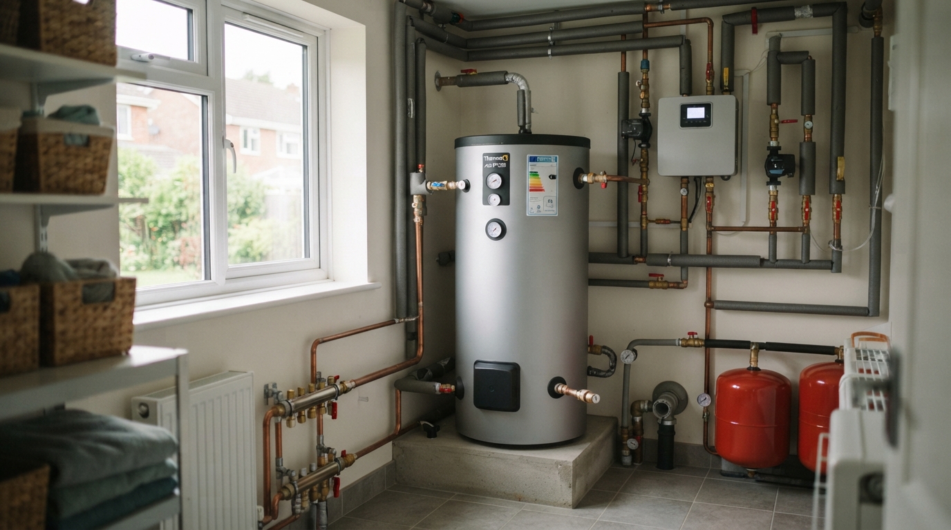water tank and pipework for an air source heat pump