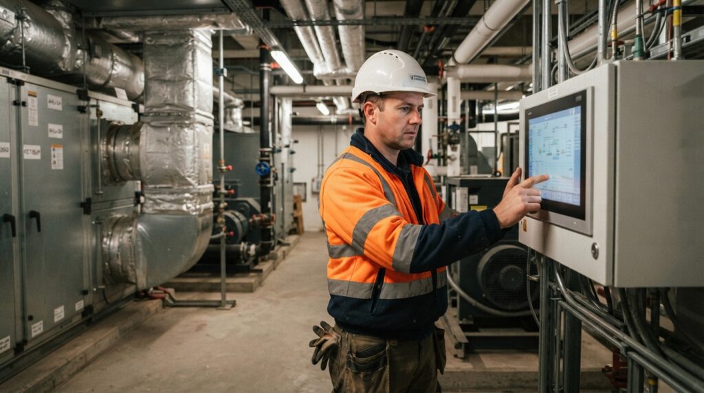 commercial HVAC engineer checking controls