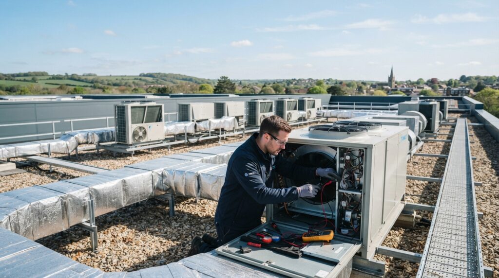commercial HVAC engineer installing a system