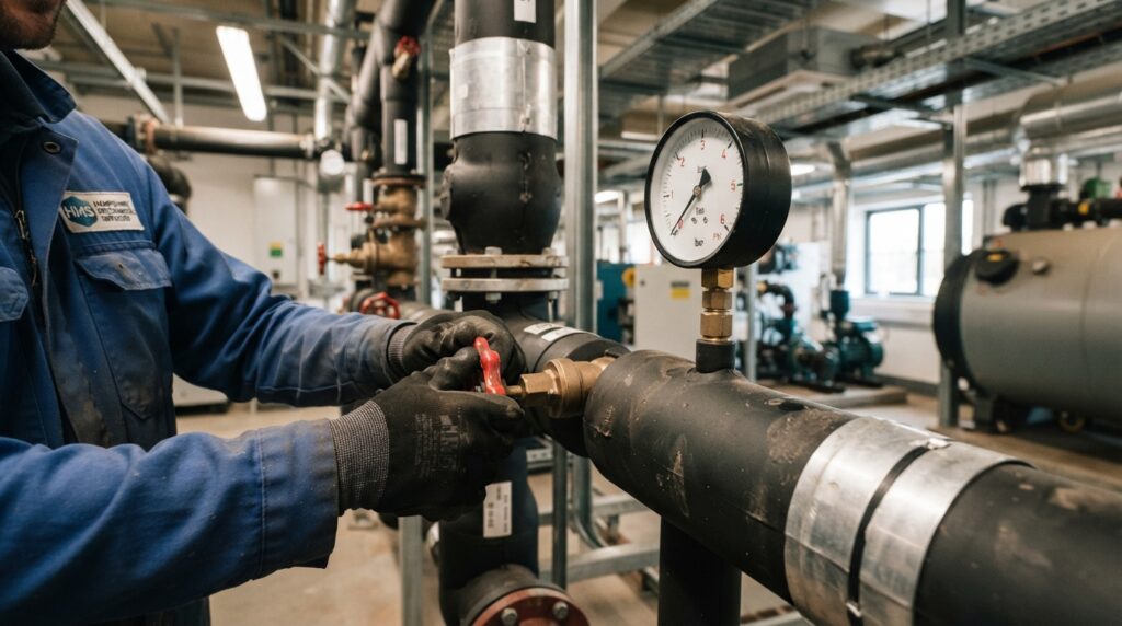 HVAC engineer adjusting a pressure valve