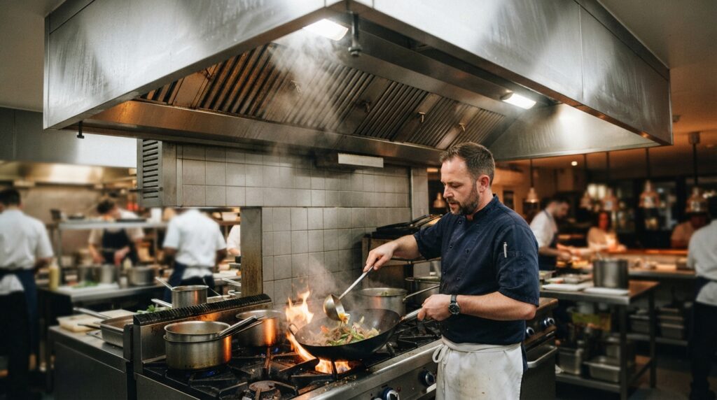 chef working under a Commercial Kitchen Extraction Hood