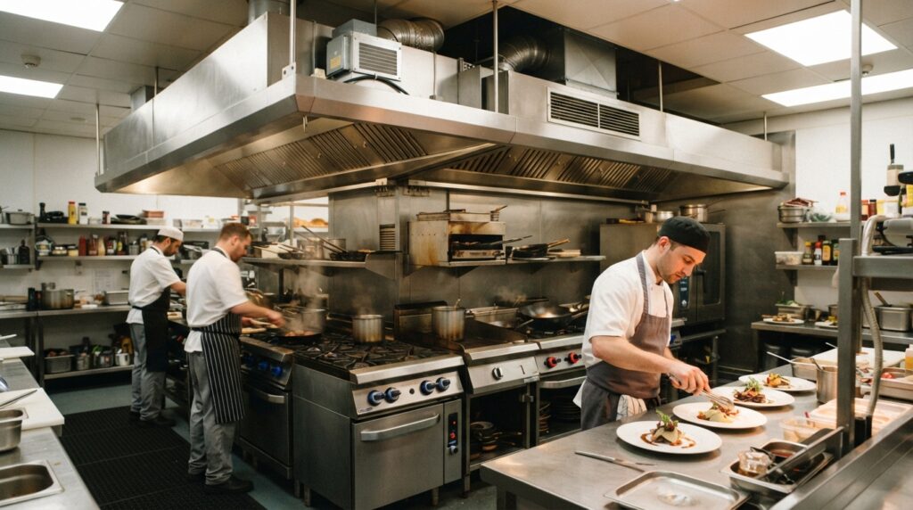 Chefs working under a Commercial Kitchen Extraction Hood
