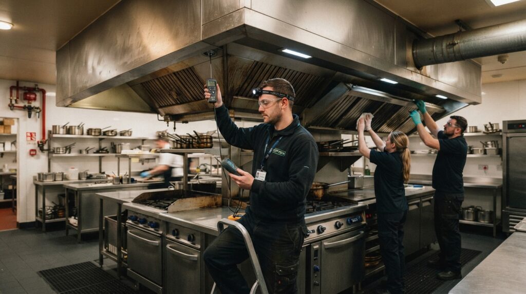 maintenance staff cleaning and testing a Commercial Kitchen Extraction Hood