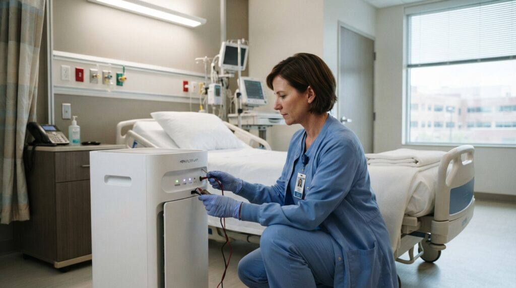 A clinical engineer checks a portable HEPA air purifier beside an unoccupied hospital bed in a brightly lit patient room.