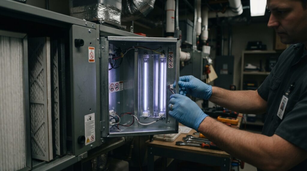A close-up shows a gloved technician inspecting the shielded UV-C lamp chamber inside an open air-treatment unit