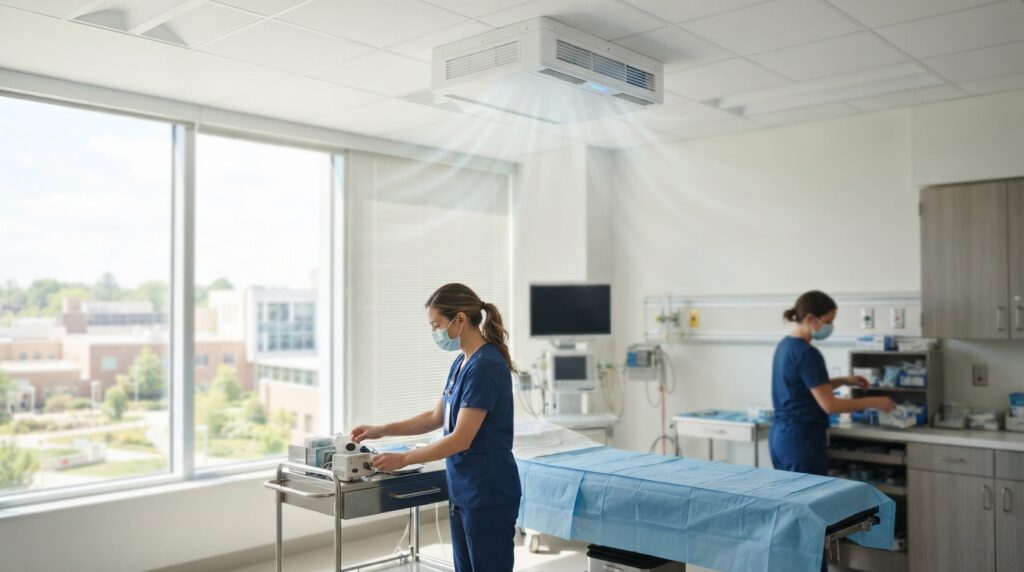 A ceiling-mounted air purifier circulates air above clinicians preparing a treatment room, shown in a wide, sunlit hospital