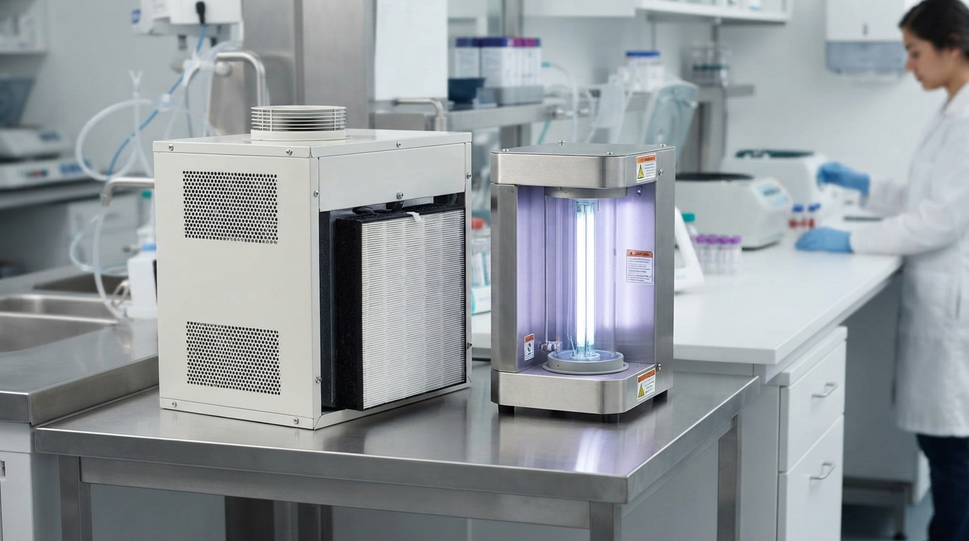 A HEPA filter and a UV-C air-treatment unit stand side by side on a sterile clinical counter, with their distinct components